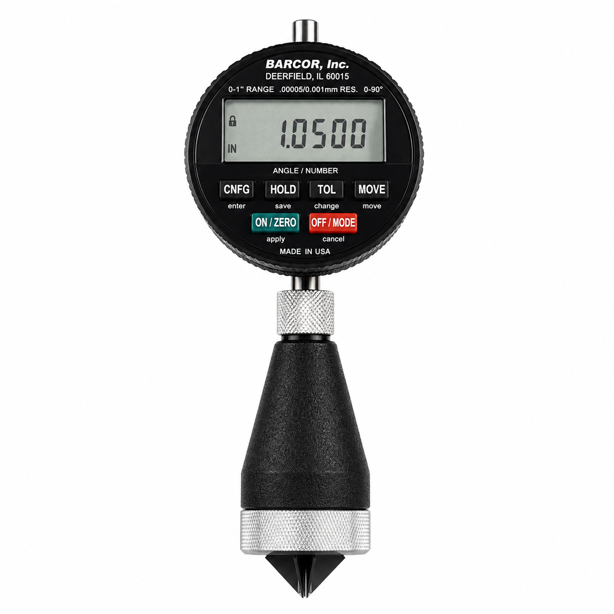 Barcor 1090-SPC electronic chamfer gage, alternate view of the digital readout and gaging plunger