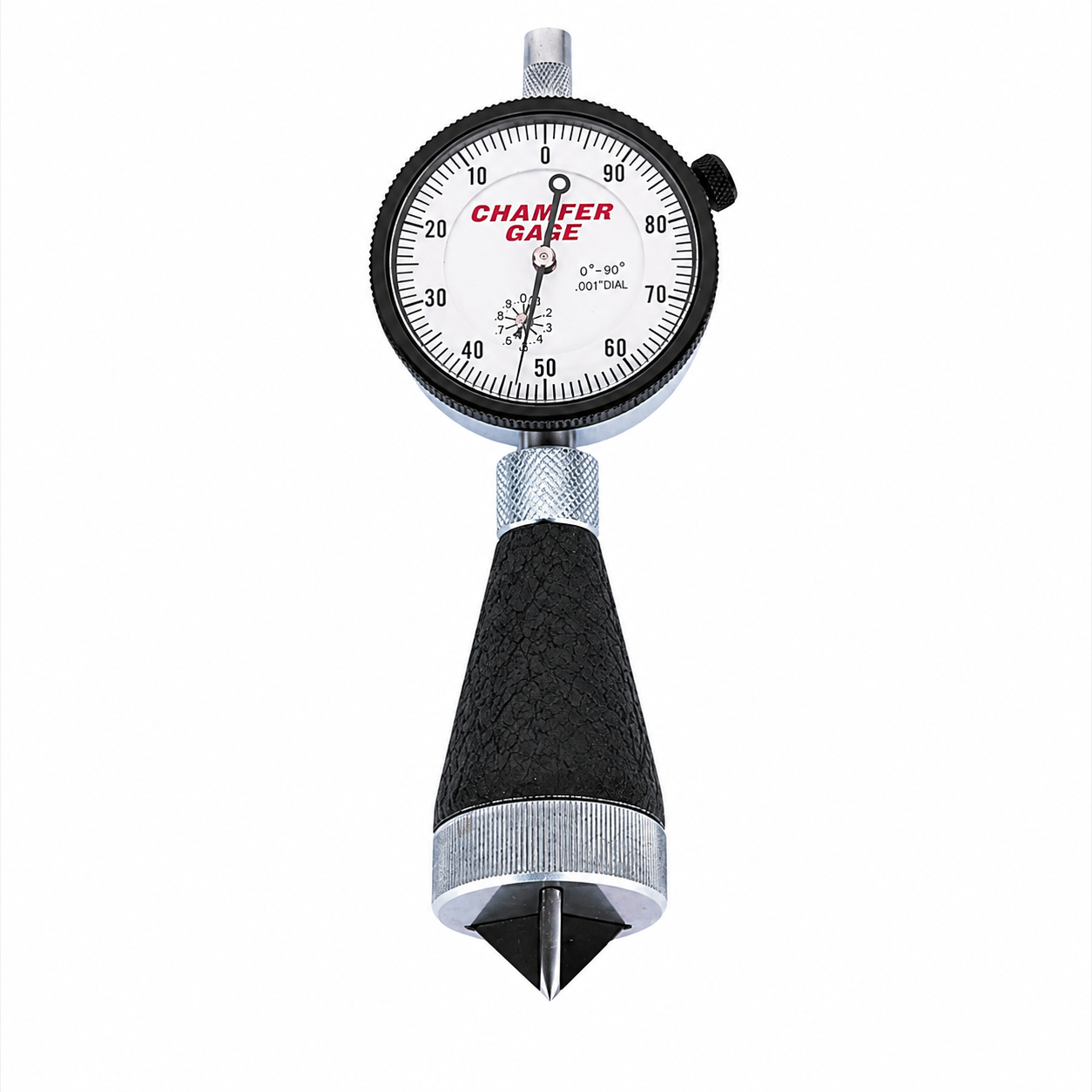 Barcor 1090 internal chamfer gage, 0 to 1 inch capacity, 0-90 degree included angle, dial indicator with spring-loaded exact-angle gaging plunger