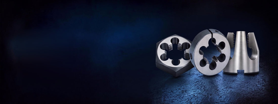 WESTport threading dies — hexagon, split and cone dies on a dark studio floor