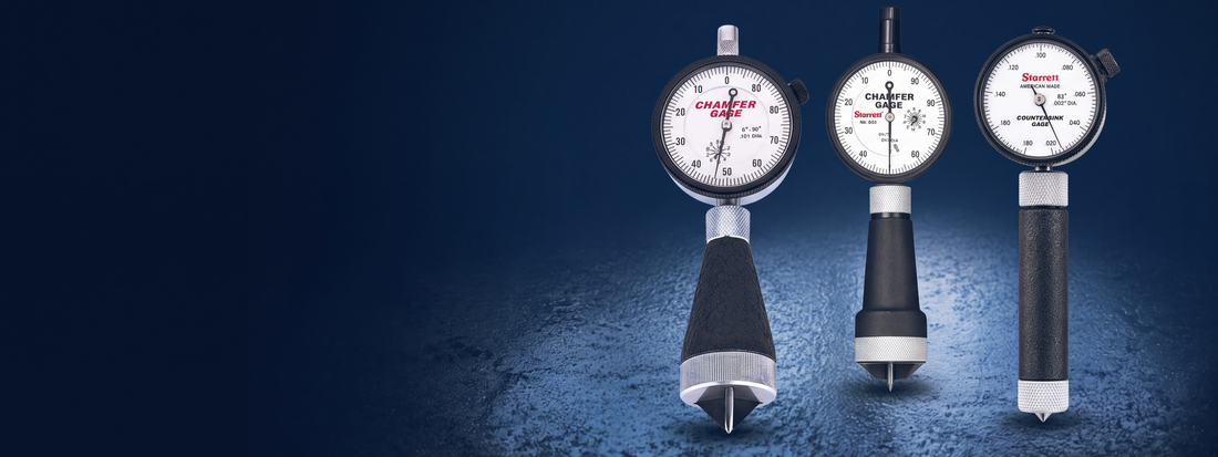 Starrett and BARCOR chamfer and countersink gages with dial indicators and conical gaging plungers