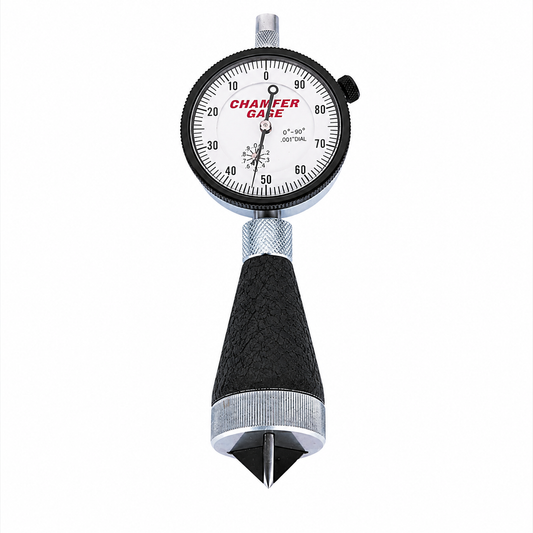 Barcor 1090 internal chamfer gage, 0 to 1 inch capacity, 0-90 degree included angle, dial indicator with spring-loaded exact-angle gaging plunger