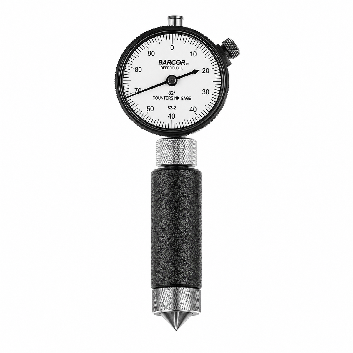 Barcor 82 degree countersink gage with one-revolution dial reading the major diameter of a countersink to .002 inch