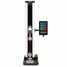 Mark-10 Model F305 motorized force tester performing a tension test, control panel showing live load and displacement readings