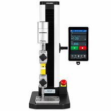 Mark-10 Model F305 motorized force tester set up for a peel test with a Plug and Test force sensor and grips