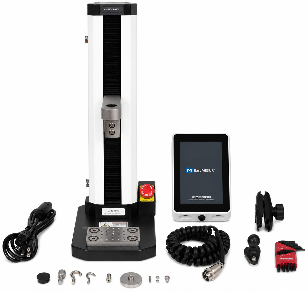 Mark-10 Model F305 EasyMESUR motorized force tester, 300 lbF / 1.3 kN, with the EasyMESUR touchscreen control panel, power cord, grips and fittings
