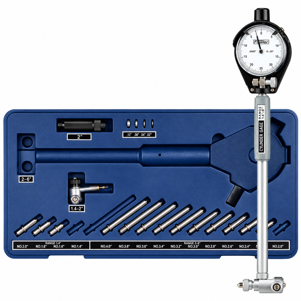 Fowler X-Tender dial bore gage set, 1.4 inch to 6 inch range, part number 72-646-400-0, with carbide anvils and fitted case