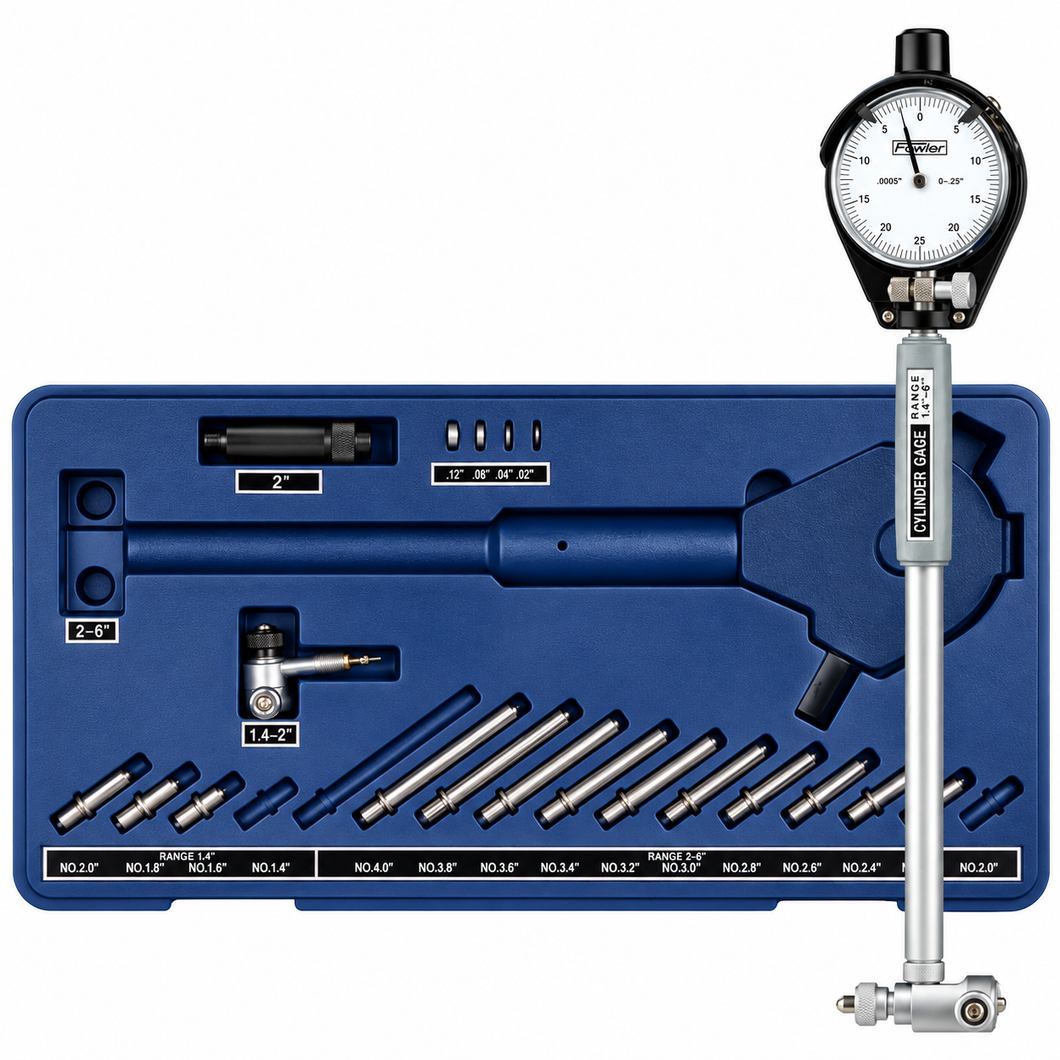 Fowler X-Tender dial bore gage set, 1.4 inch to 6 inch range, part number 72-646-400-0, with carbide anvils and fitted case