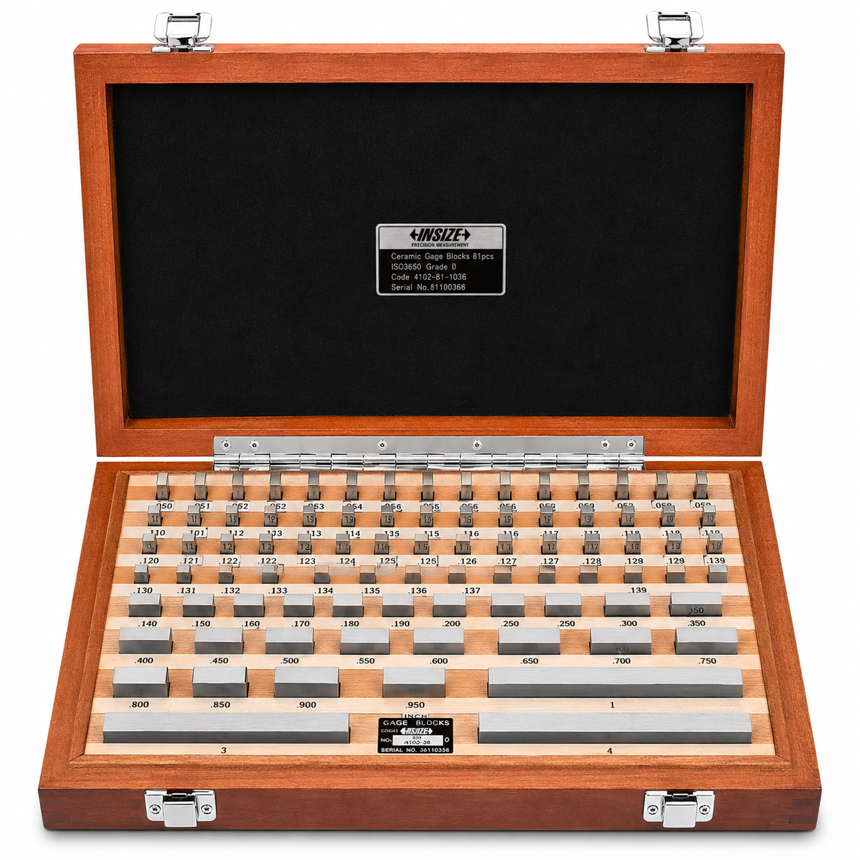 INSIZE 36-piece Grade 0 rectangular steel gage block set, part number 4102-36, compact professional configuration