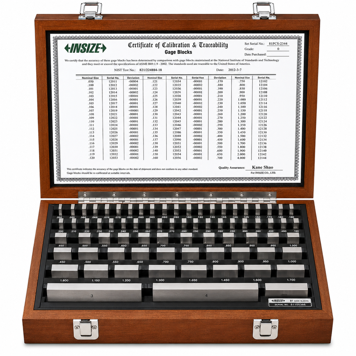 INSIZE 81-piece Grade 0 rectangular steel gage block set, part number 4102-81, in protective fitted case