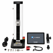 Mark-10 Model F305 motorized force tester frame shown with the IntelliMESUR tablet control option and accessory kit