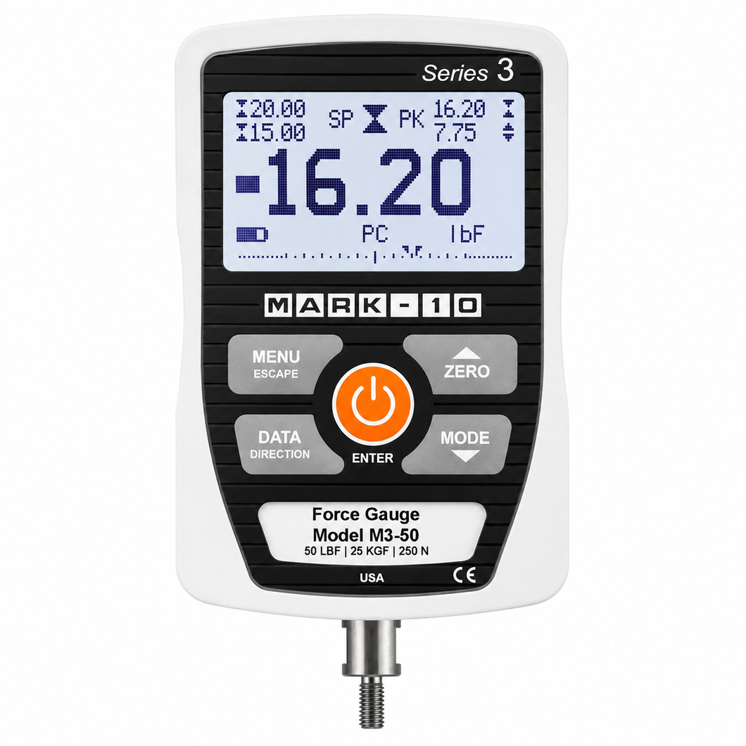 Mark-10 Series 3 digital force gauge with programmable set points, analog load bar graph and reversible aluminium housing