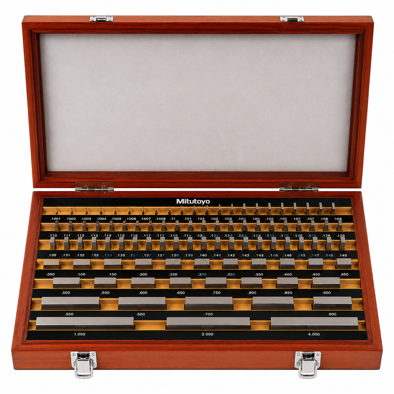 Mitutoyo 81-piece Grade 0 rectangular steel gage block set, part number 516-902-26, in solid wooden case