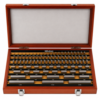 Mitutoyo 81-piece Grade 0 rectangular steel gage block set, part number 516-902-26, in solid wooden case