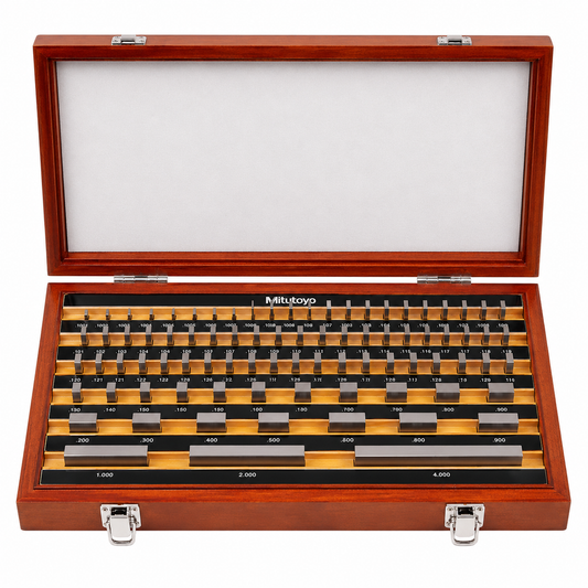 Mitutoyo 81-piece AS-1 rectangular steel gage block set, part number 516-903-26, in solid wooden case