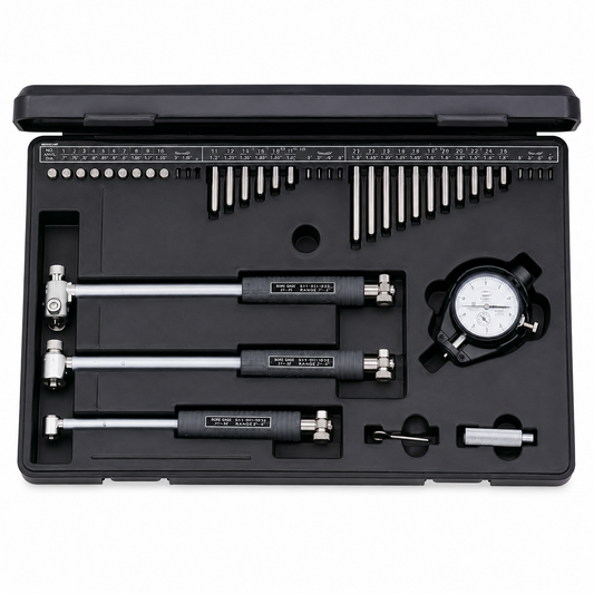 Mitutoyo complete dial bore gage set, .7 inch to 6 inch range, part number 511-932-20, with 26 anvils and 10 spacers