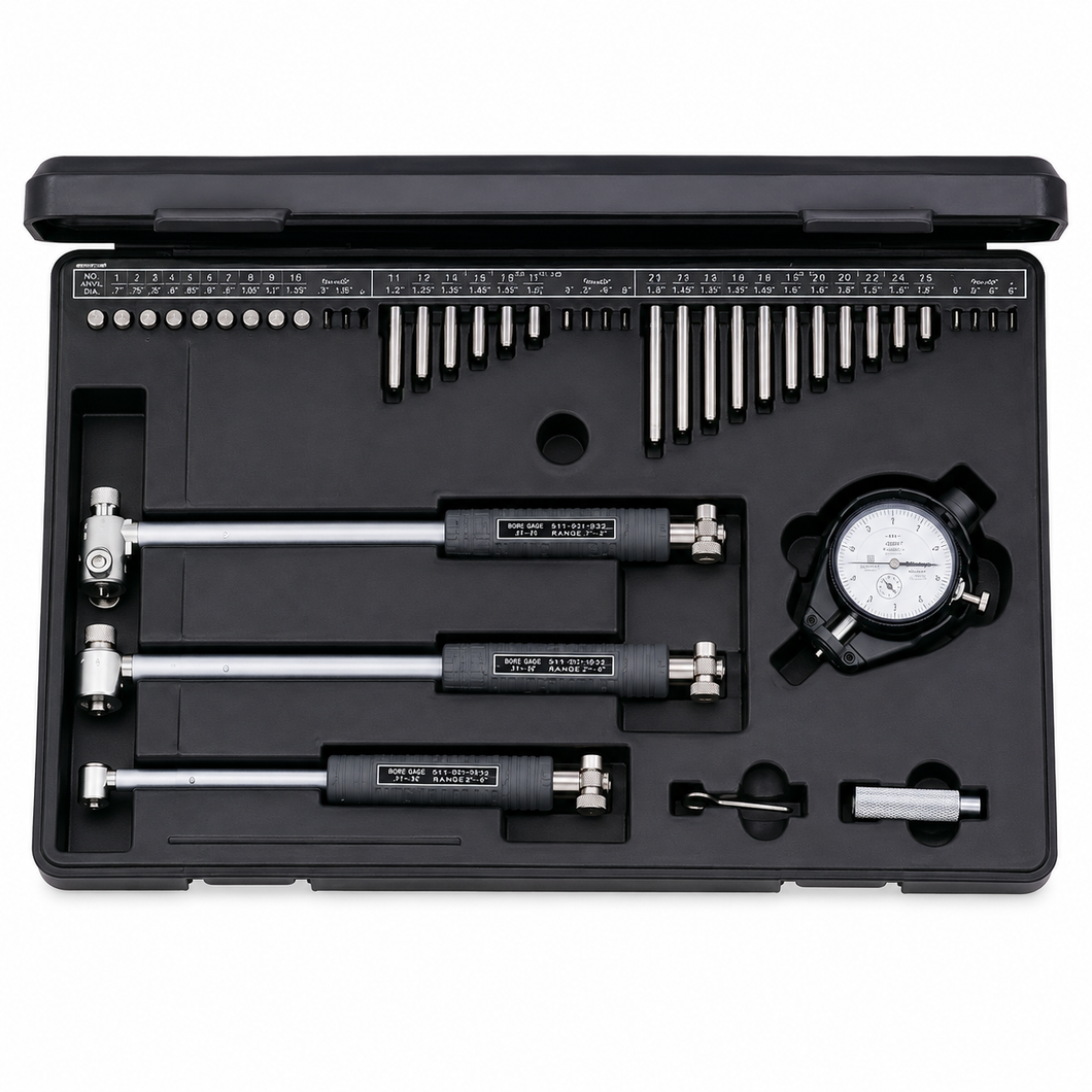 Mitutoyo complete dial bore gage set, .7 inch to 6 inch range, part number 511-932-20, with 26 anvils and 10 spacers