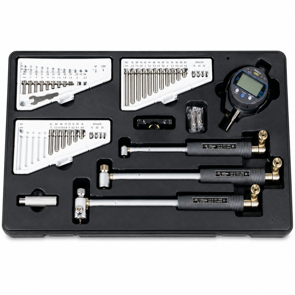 Mitutoyo digital bore gage set, 18 to 150 mm range, part number 511-925-20, with electronic display