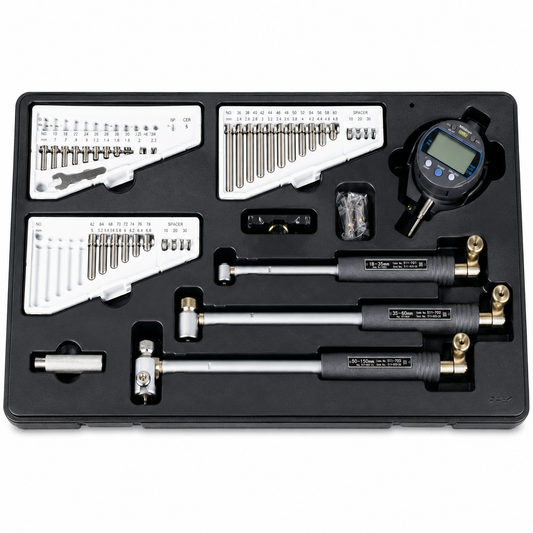 Mitutoyo digital bore gage set, 18 to 150 mm range, part number 511-925-20, with electronic display