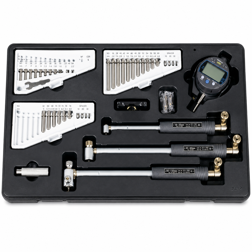 Mitutoyo digital bore gage set, 18 to 150 mm range, part number 511-925-20, with electronic display
