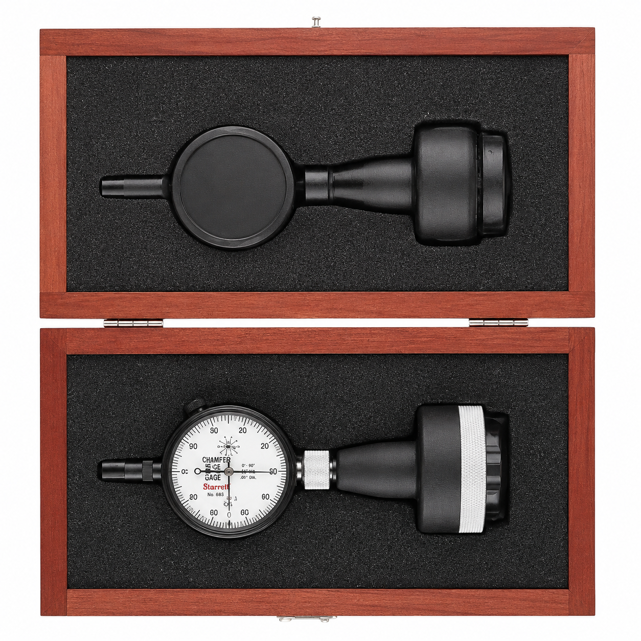 Starrett 683-2Z internal chamfer gage, alternate view of the dial face and angle range marking