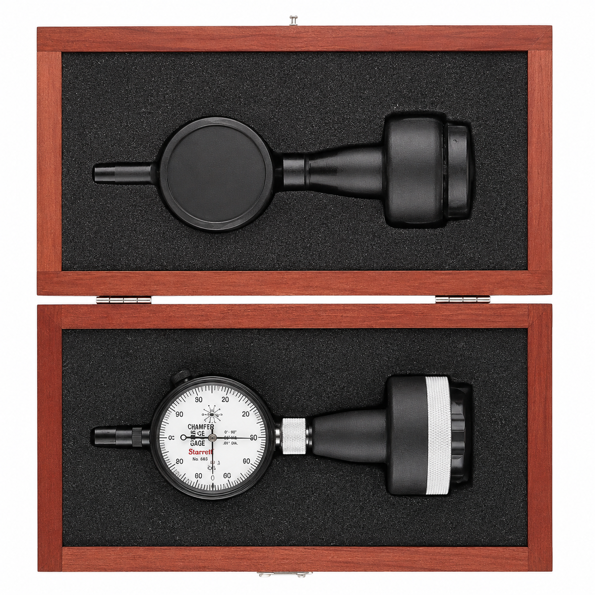 Starrett 683-2Z internal chamfer gage, alternate view of the dial face and angle range marking