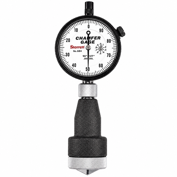 Starrett 684-3Z internal chamfer gage, 0 to 1 inch range, 90-127 degree included angle, with yellow-dial AGD indicator