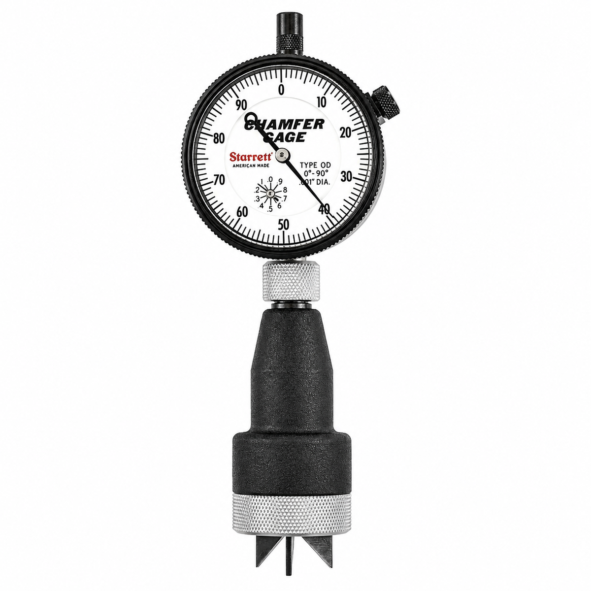 Starrett 685 Series external chamfer gage, 0-90 degree included angle, for measuring the smallest diameter of an external chamfer