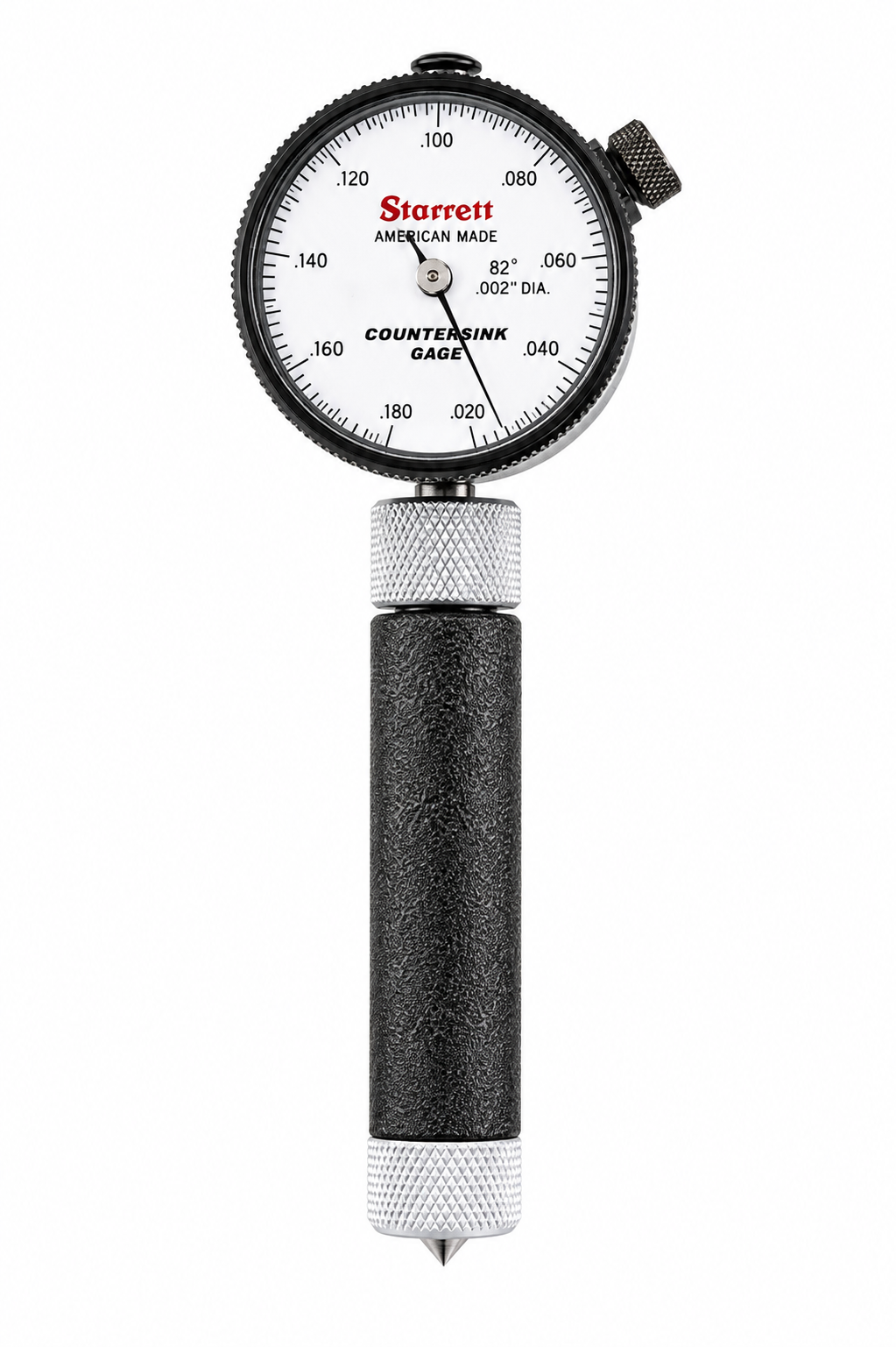 Starrett 687 Series countersink gage, 82 degree included angle, reading the large diameter of a countersink in .002 inch increments