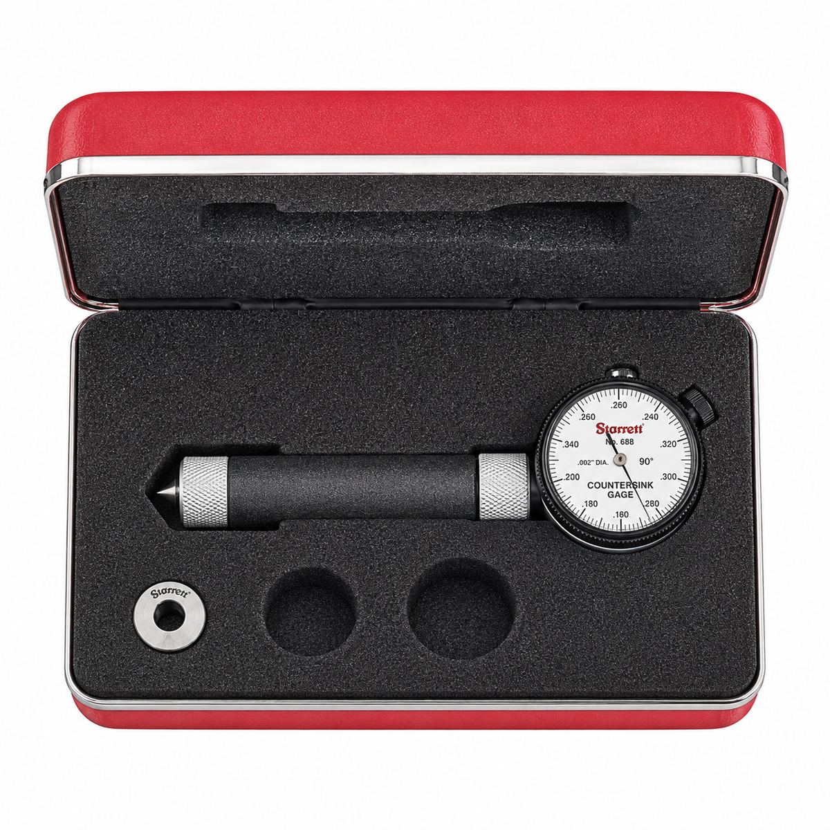 Starrett 688 Series 90 degree countersink gage, alternate view showing the gaging head and set master ring
