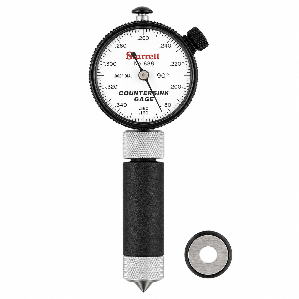 Starrett 688 Series countersink gage, 90 degree included angle, reading the large diameter of a countersink in .002 inch increments