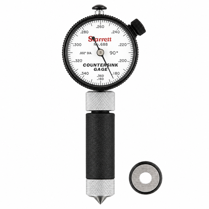 Starrett 688 Series countersink gage, 90 degree included angle, reading the large diameter of a countersink in .002 inch increments