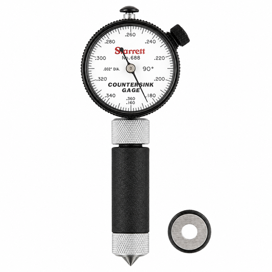 Starrett 688 Series countersink gage, 90 degree included angle, reading the large diameter of a countersink in .002 inch increments