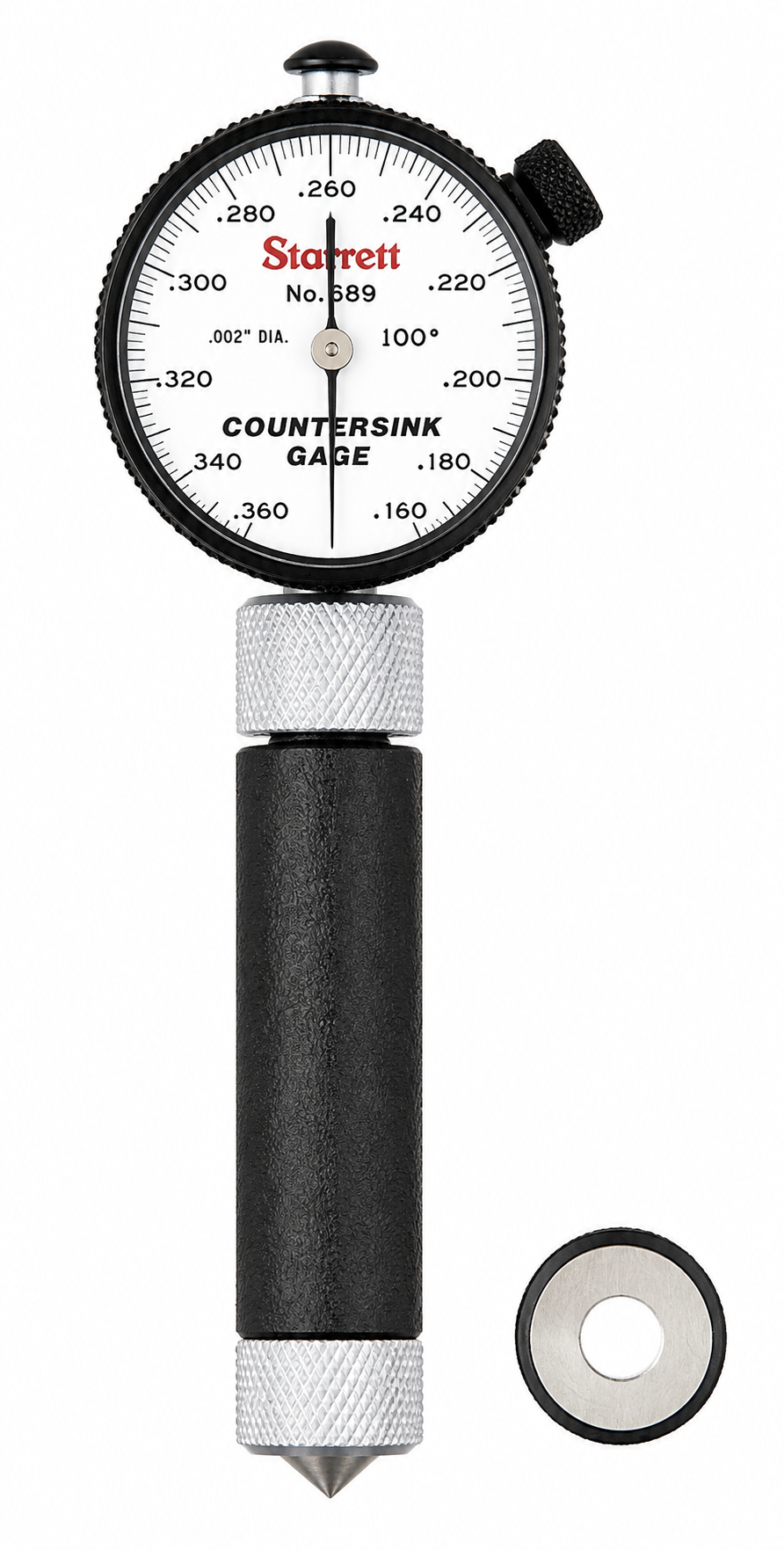 Starrett 689 Series countersink gage, 100 degree included angle, reading the large diameter of a countersink in .002 inch increments