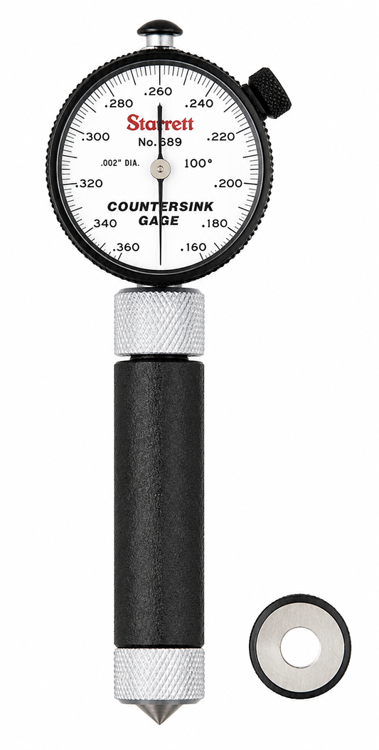 Starrett 689 Series countersink gage, 100 degree included angle, reading the large diameter of a countersink in .002 inch increments