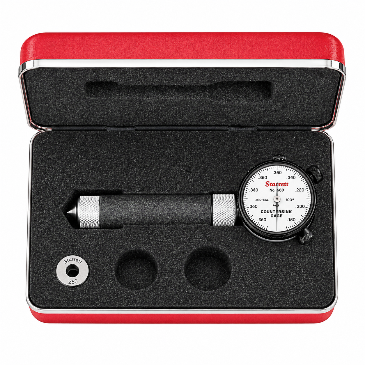 Starrett 689 Series 100 degree countersink gage, alternate view showing the gaging head and set master ring