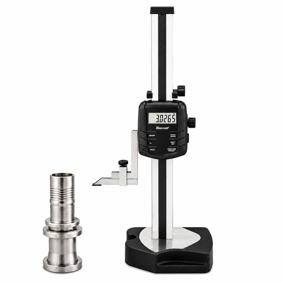 Starrett 3754 electronic height gage shown with scriber on a surface plate