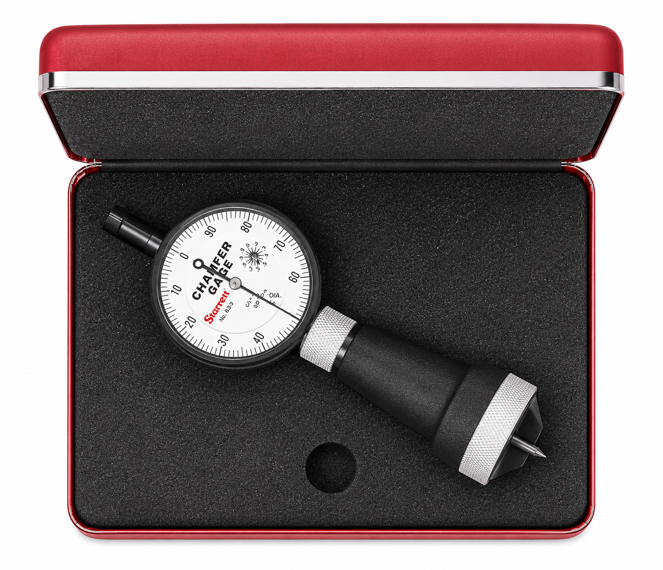 Starrett 683-3Z internal chamfer gage, 0 to 1 inch range, 0-90 degree included angle, with AGD dial indicator and three-blade plunger