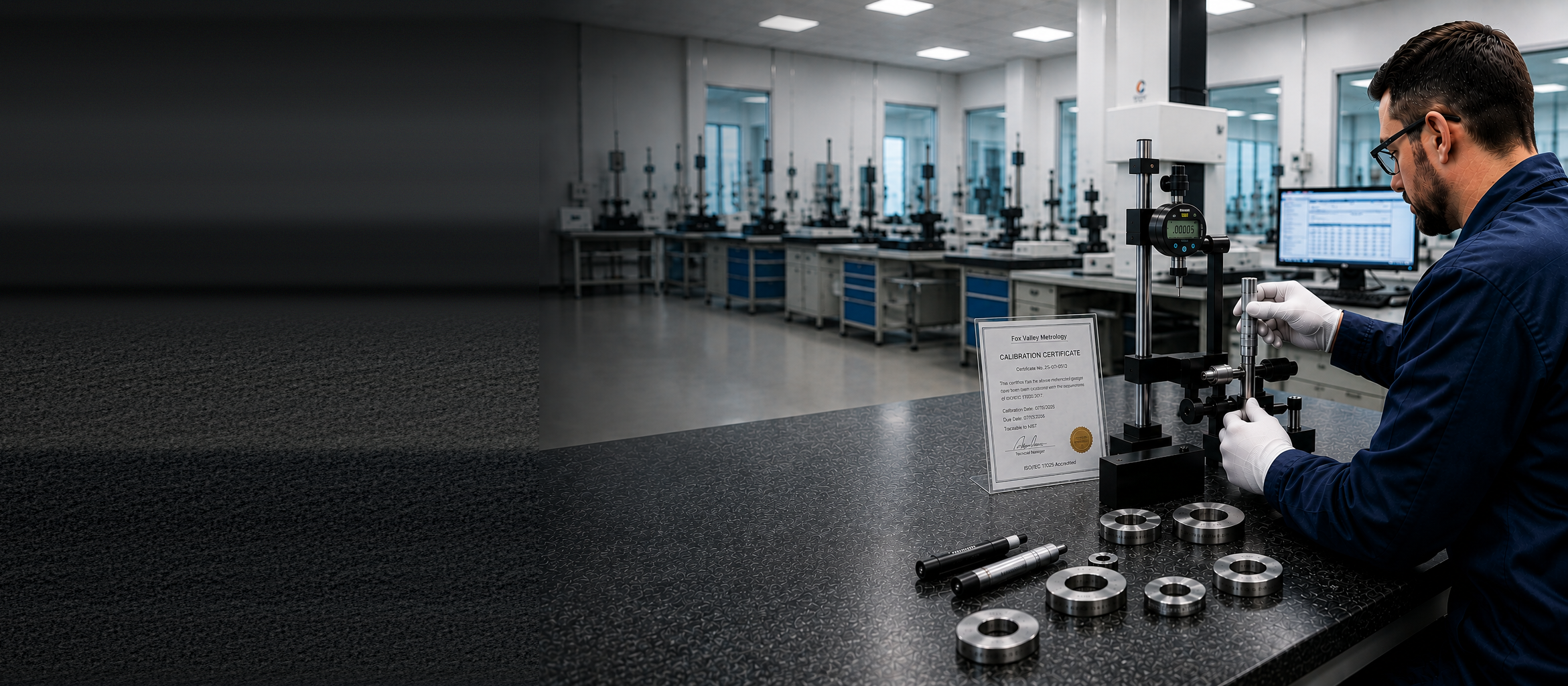WESTport metrologist calibrating master setting plugs and ring gages against an ISO/IEC 17025 certificate in the calibration laboratory