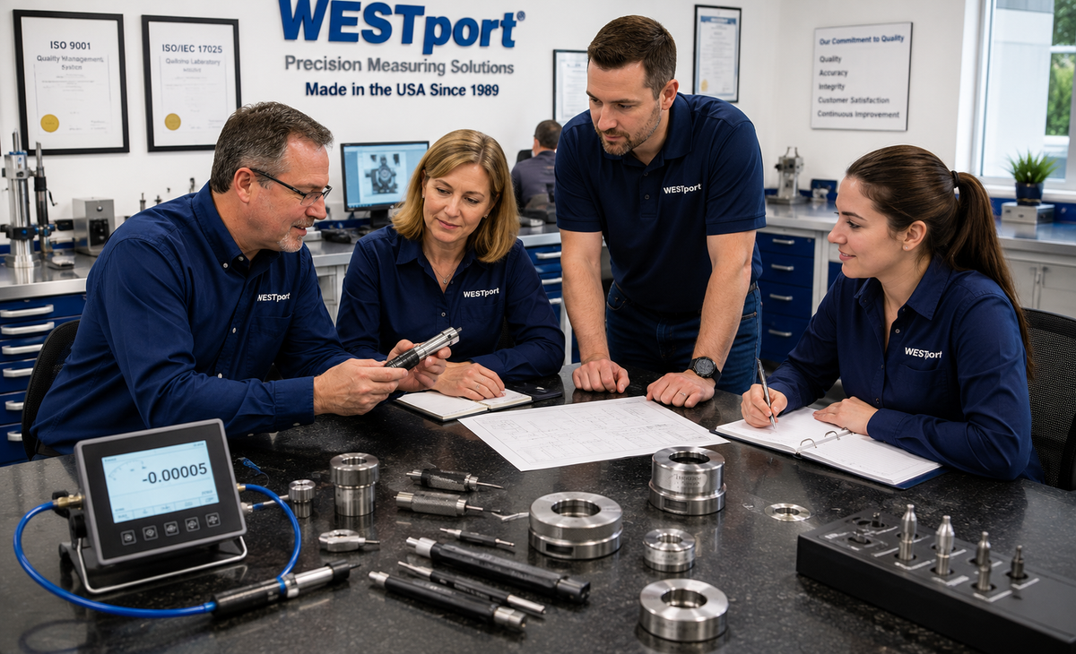 The WESTport team reviewing precision gaging in the quality lab, with ISO 9001 and ISO/IEC 17025 certificates displayed