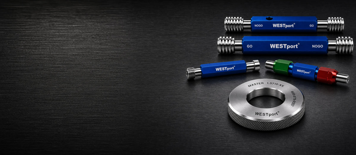WESTport thread plug gages, a tri-colour modular gage assembly and a MASTER 1.5710-XX steel master ring gage staged on a dark brushed steel plate